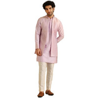 Kisah Men's Kurta Jacket Trouser Set, Lilac Jacquard, Woven Design Regular Fit Mandarin Collar Long Sleeves (40)