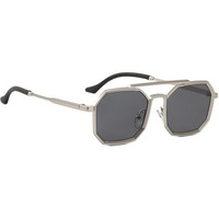 Dervin Uv Protected Full Rim Hexagonal Sunglasses For Men, Polygon Metal Frame Sunglasses (Silver-Black)