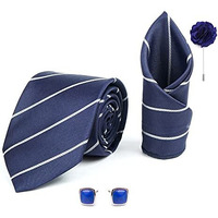 Rizoro Mens Plaid Stripped Silk Necktie Gift Set With Pocket Square Cufflinks & Brooch Pin Formal Tie With Leatherite Box (Deep Blue S2Dbrx Free Size)