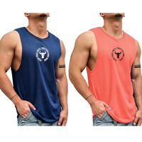 Jump Cuts Mens Sleevless Printed Navy & Orange Polyester Combo Gym Vest