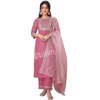 Siril Women's Cotton Blend Embroidery Kurti Pant With Dupatta Set (109Kbd1192-S_Dusty Pink)