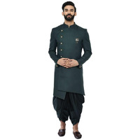 Kisah Men's Indo-Western Sherwani Dhoti Set, Green Cotton Blend, Solid Dyed Regular Fit Long Sleeves Mandarin Collar (38)