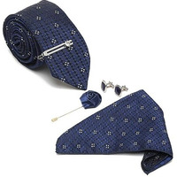 Louis Stitch Mens Denim Blue Italian Silk Necktie Set Incl Pocket Square Cufflinks Chrome Tiepin Brooch American Style Formal Tie Gift Set For Men (Tebu029Cp)