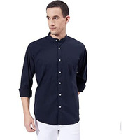 Ben Martin Men's Cotton Mandarin Collar Shirt With Chest Pocket|| Chinese Collar, Slim Fit, Casual & Formal Wear || Soft & Breathable Fabric || Navy Blue Full Sleeve Shirt For Men L