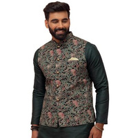 Kisah Men Green Black Printed Nehru Jacket Ethnic Festive Waistcoat Cotton, Regular Fit