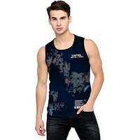 Jump Cuts Mens All Over Printed Round Neck Sleeveless Navy Cotton Slim Fit Vest
