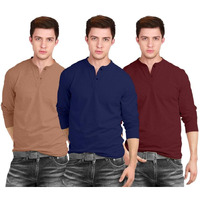 Veirdo Pure 100% Cotton Regular Fit Solid Core Henley Neck Navy Blue, Cork, Maroon Full Sleeve T-Shirt Comb For Men (Po3_H_14Nb_17Cr_19Mr_Xxl)