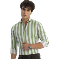 Men's Cotton Casual Printed Striped Stylish Latest Shirt For Men (Green-White; Medium)