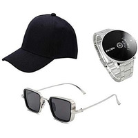 Selloria Boy's Combo Pack Of Analogue Stainless Steel Watch With Sunglass (Black)