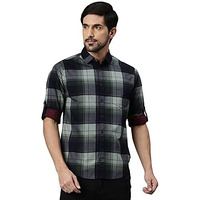 Dennis Lingo Men's Cotton Full Sleeves Checkered Slim Fit Casual Shirt (Olive, M)
