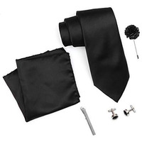 Rizoro Mens Plaid Micro Self Silk Solid Black Necktie Gift Set With Pocket Square Cufflinks Brooch Pin Men Tie Clip Formal Tie With Wooden Box For Gifting (Rw_44, Free Size)