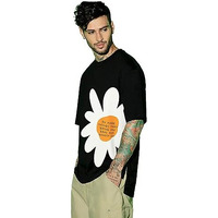 Veirdo Cotton Black Oversized Fit Half Sleeve Crew-Neck Printed T-Shirt For Men (Os_102_Flower_Bk_M)
