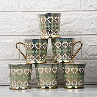 Femora Golden Leaves Pattern Golden Tea Mugs, Ceramic Tea Cups, Coffee Mugs (160 Ml, Gold) - 6 Pcs Set (Not Microwave Safe)