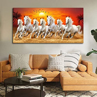Aadee Craft Seven Running Horses At Sunrise Canvas Wall Painting With Wooden Framed For Living Room Drawing Room Hotel Office Size Large (48X24 Inches)