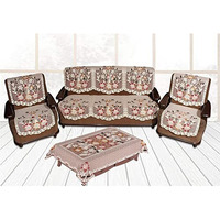 Yellow Weaves Polyester Floral 5 Seater Sofa Cover Set With 1 Center Table Cover (Off White) - 7 Pieces