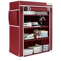 Flipzon Multipurpose 4 Shelve Wardrobe, (Iron And Non-Woven Fabric), Maroon