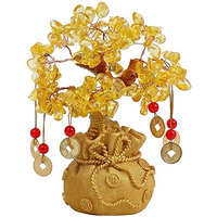 About Space Lucky Feng Shui Citrine Tree Of Life Bonsai - Gold Crystal Ornaments With 6 Hanging Coin Charms For Health, Wealth And Happiness - Table Decor, Living Room, Office (7 X 3 Inch)