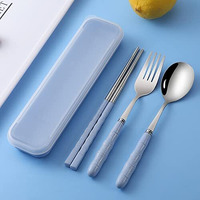 Wolpin Spoon Set Premium Stainless Steel Cutlery Set Of 3 Pcs Re-Usable (Spoon, Fork, Chopsticks, Travel Spoon Box) Portable Tableware For Men Women Office, Home School Kids, Blue