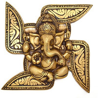 Two Moustaches Brass Ganesha Swastika Wall Hanging, Brass Ganesha For Decor (7 X 7 Inches, Yellow)