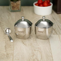 Sumeet Stainless Steel Square Shape Ghee And Oil Pot, Storage Container With Spoon For Kitchen, 6.5Cm Dia, 160Ml - Silver (Pack Of 2)