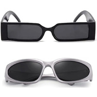 Hairum Combo Of 2 Sunglasses Silver Y2K Wraparound And Black Mc Stan
