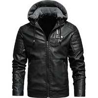 Blaq Ash Men's Faux Leather Hooded Motorcycle Jacket, Zip-Up, With Pockets Removable Hood (Medium, Black)