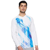 Campus Sutra Men's White & Blue Contrast Print Activewear T-Shirt For Casual Wear | Spread Collar | Long Sleeve | Pull On Closure | Polyester Jersey T-Shirt Crafted With Comfort Fit For Everyday Wear