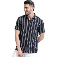Stitchx Men's Half Sleeve Textured Striped Casual Cutaway Collar Shirt Deep Navy L