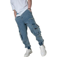 Hubberholme Men's Loose Fit Cargo Jogger Jeans (Mid Blue, 34)