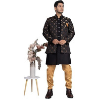 Xepon Mens Ethnic Wear Black Kurta Pajama With Stylish Long Jacket Set (Large)