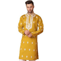 Jompers Men Mustard Chikankari Embroidered Kurtas (Mustard, M)