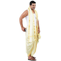 Prakasam Cotton Mens Asha (Polyester Blended) Cream Colour Panjakejam (Ready To Wear) Dhoti & Towel Set With Pocket (50K)