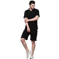 Rigo Waffle Knit Self Textured Co-Ord Set For Men | Night Suit | Lounge-Wear Pajama Set | Beach And Vacation Wear Black