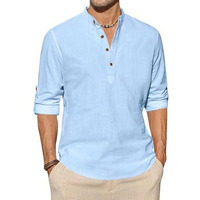 Zombom Men's Cotton Blend Solid Full Sleeve Short Kurta Shirt With Mandarin Collar Sky Blue