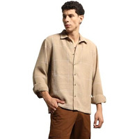 Hubberholme Men Summer Cotton Spread Collar Long Sleeves Oversized Casual Shirt 36 Beige