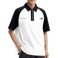 Jump Cuts Mens Ideal Printed Polo Neck Raglan Half Sleeve Half Zipper Black & White Cotton Blend Tshirt