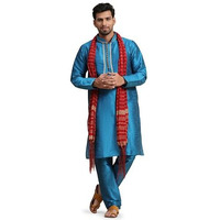 Amazon Brand - Anarva Men's Dupion Silk Embroidered Kurta Pajama Scarf Set Ethnic Motifs 3-Piece Festive Dress (Kp030Turquoise_Turquoise_Xl)