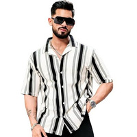 Maniac Mens Barcode Stripes Half Sleeve Black And White Honeycomb Fabric Shirt