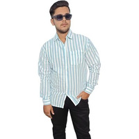 Men's Khadi Cotton Blend Full Sleeve Casual And Semi Formal Striped Shirt (In, Alpha, Xl, Regular, Blue)