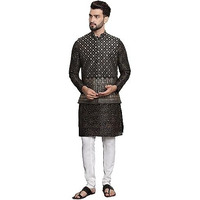 Sojanya (Since 1958 Men's Silk Blend Print Black Kurta And Cream Pyjama With Black Nehru Jacket