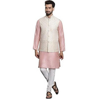 Sojanya (Since 1958 Men's Silk Blend Pink Kurta And Off-White Pyjama With Cream Nehru Jacket