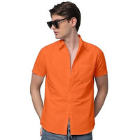 Voroxy Men Regular Fit Soild Spread Collar Casual Shirt (Hs_35001_Orange_Xl_Orange_X-Large)