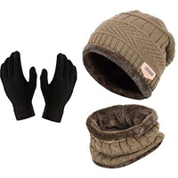 Huntsmans Era Winter Knit Beanie Cap Hat Neck Warmer Scarf And Woolen Gloves Set Skull Cap For Men Women/Winter Cap For Men (3 Piece) (Metallic Gold)