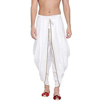 Vastramay Men's White Silk Blend Dhoti | Embroidered Versatile Dhoti, Pair This With Any Kurta Or Sherwani | Traditional And Comfortable, Perfect For Weddings, Festivals, And Ceremonies, Onam