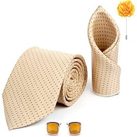 Axlon Mens Plaid Dotted Silk Necktie Gift Set With Pocket Square Cufflinks & Brooch Pin Tie For Men Formal With Leatherite Box (Beige D1Bgrx Free Size)