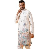 Sojanya (Since 1958 Men's Cotton Krochet Daman Print Cream Long Kurta