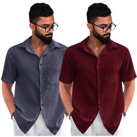 Pinkmint Combo Of Men's Regular Fit Popcorn Shirt Half Sleeve Spraed Collar Shirt (Pack Of 2)