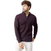 Kvetoo Men High Neck Zipper Full Sleeve Woolen Winter Sweater Violet Size M