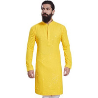 Divisive Men's Sequince Embroidered Cotton Blend Only Slim Fit Kurta (Dkrt231_L_Yellow)