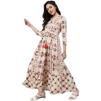 Daevish Women's New Rayon Print Tie-Up Waist V Neck Flared Maxi Dress Brown